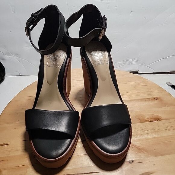 VINCE CAMUTO GRETAM WEDGE SANDAL Size 6.5 M BLACK SOFT SILKY LEATHER - Picture 2 of 6